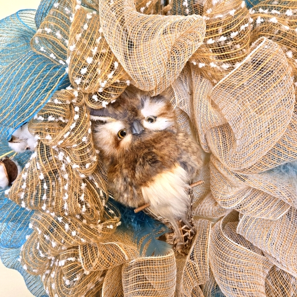 Hand Crafted Blue and Tan Holiday Wreath - Picture 3 of 11